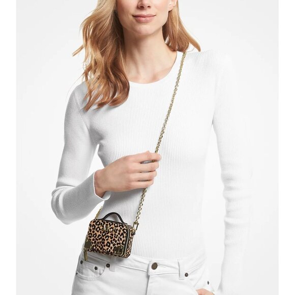 Michael Michael Kors Estelle Micro Trunk Crossbody Leopard Print Tan/ Black - Picture 14 of 14